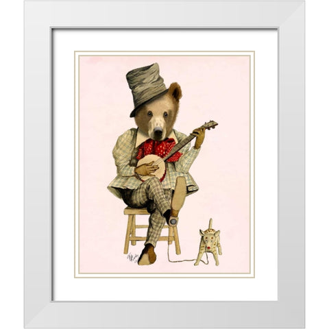 Banjo Bear White Modern Wood Framed Art Print with Double Matting by Fab Funky