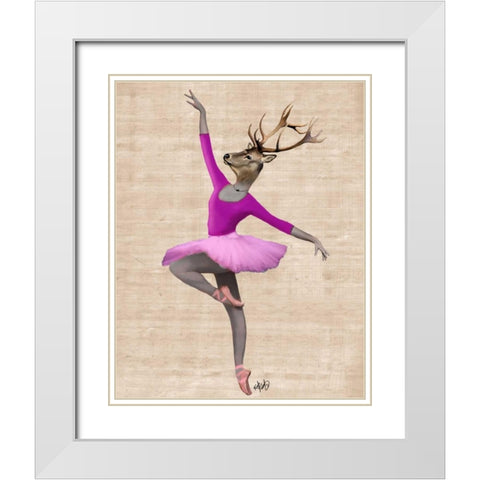 Ballet Deer in Pink White Modern Wood Framed Art Print with Double Matting by Fab Funky