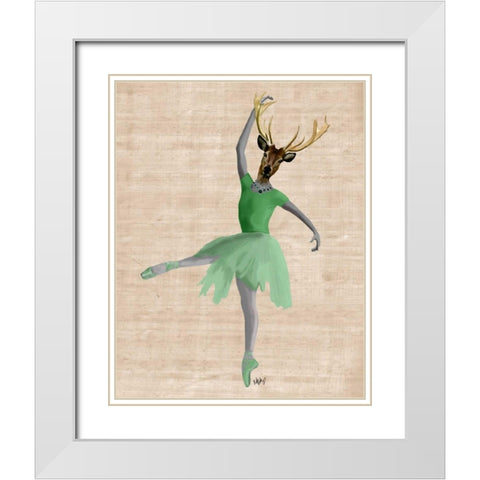 Ballet Deer in Green White Modern Wood Framed Art Print with Double Matting by Fab Funky