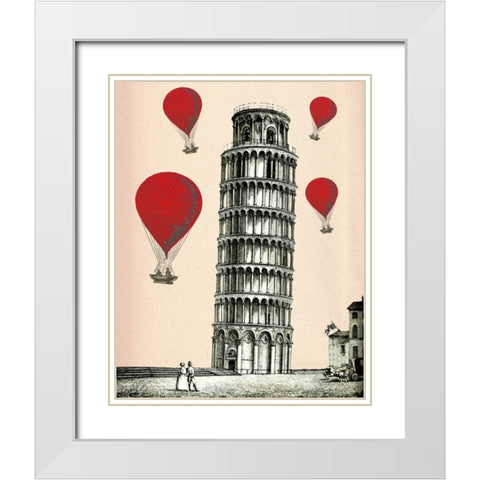 Tower of Pisa and Red Hot Air Balloons White Modern Wood Framed Art Print with Double Matting by Fab Funky