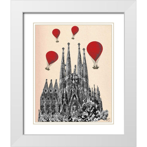 Sagrada Familia and Red Hot Air Balloons White Modern Wood Framed Art Print with Double Matting by Fab Funky
