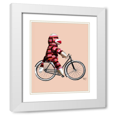 Sock Monkey on Bicycle White Modern Wood Framed Art Print with Double Matting by Fab Funky