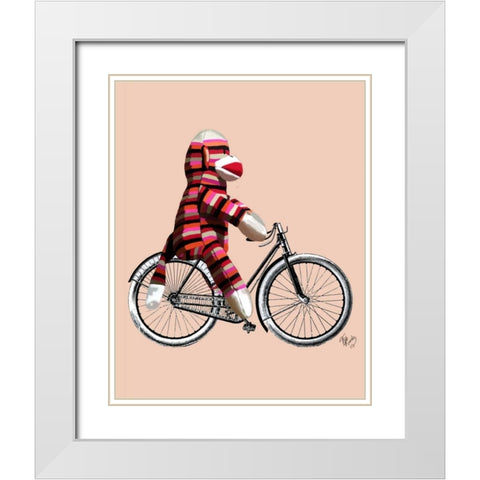 Sock Monkey on Bicycle White Modern Wood Framed Art Print with Double Matting by Fab Funky