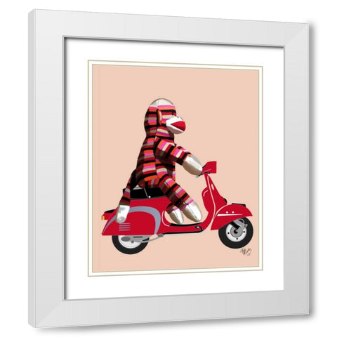Sock Monkey on Red Moped White Modern Wood Framed Art Print with Double Matting by Fab Funky