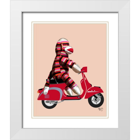 Sock Monkey on Red Moped White Modern Wood Framed Art Print with Double Matting by Fab Funky