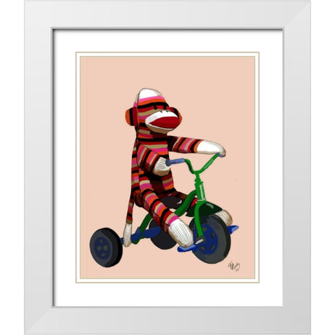 Sock Monkey Tricycle White Modern Wood Framed Art Print with Double Matting by Fab Funky