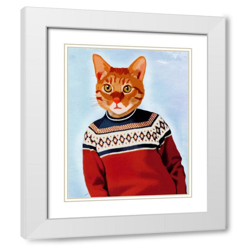 Cat in Ski Sweater White Modern Wood Framed Art Print with Double Matting by Fab Funky