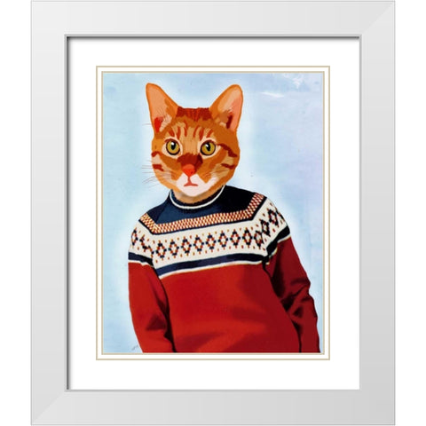 Cat in Ski Sweater White Modern Wood Framed Art Print with Double Matting by Fab Funky