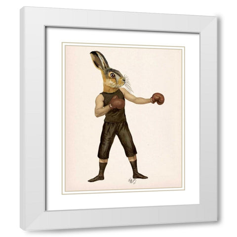 Boxing Hare White Modern Wood Framed Art Print with Double Matting by Fab Funky