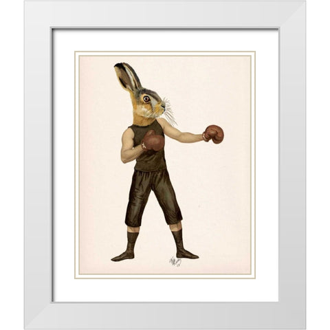 Boxing Hare White Modern Wood Framed Art Print with Double Matting by Fab Funky
