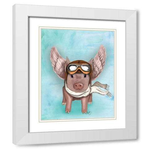 Aviator Piggy White Modern Wood Framed Art Print with Double Matting by Fab Funky