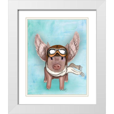 Aviator Piggy White Modern Wood Framed Art Print with Double Matting by Fab Funky