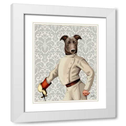 Greyhound Fencer in Cream Portrait White Modern Wood Framed Art Print with Double Matting by Fab Funky