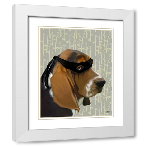 Ninja Basset Hound Dog White Modern Wood Framed Art Print with Double Matting by Fab Funky