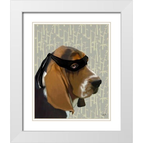 Ninja Basset Hound Dog White Modern Wood Framed Art Print with Double Matting by Fab Funky