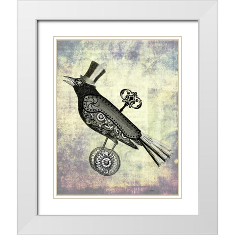 Steampunk Crow White Modern Wood Framed Art Print with Double Matting by Fab Funky