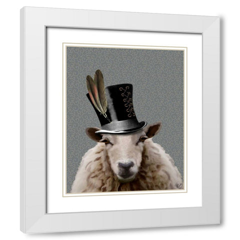 Steampunk Sheep White Modern Wood Framed Art Print with Double Matting by Fab Funky