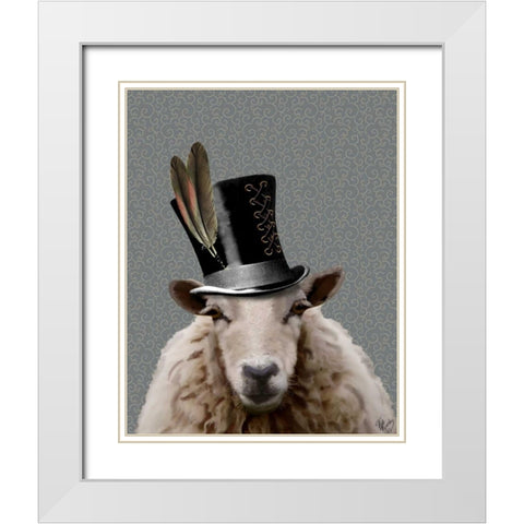 Steampunk Sheep White Modern Wood Framed Art Print with Double Matting by Fab Funky