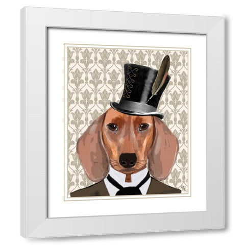 Dachshund Dog With Top Hat White Modern Wood Framed Art Print with Double Matting by Fab Funky