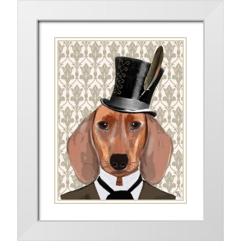 Dachshund Dog With Top Hat White Modern Wood Framed Art Print with Double Matting by Fab Funky