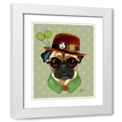 Pug With Steampunk Bowler Hat White Modern Wood Framed Art Print with Double Matting by Fab Funky