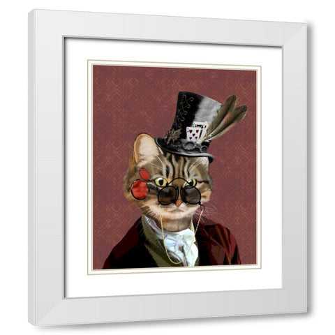 Phileas Feline Steampunk Cat White Modern Wood Framed Art Print with Double Matting by Fab Funky