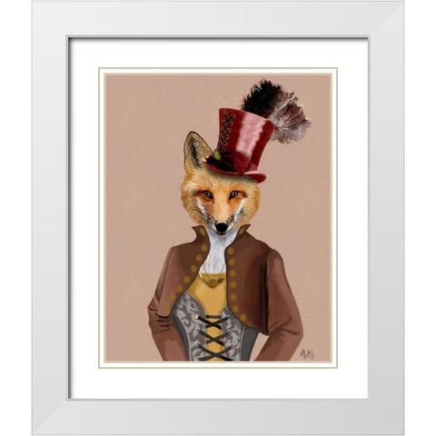 Vivienne Steampunk Fox White Modern Wood Framed Art Print with Double Matting by Fab Funky