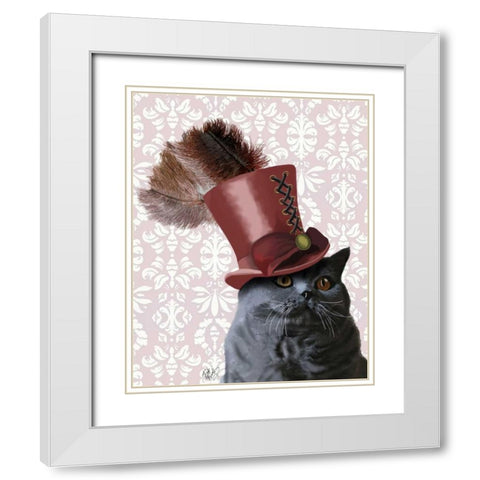 Grey Cat With Steampunk Top Hat White Modern Wood Framed Art Print with Double Matting by Fab Funky