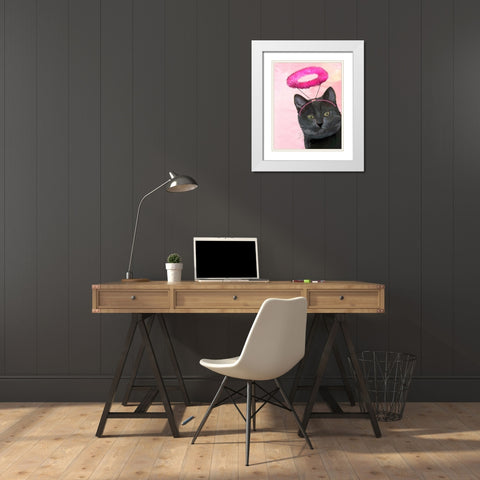 Black Cat With Pink Angel Halo White Modern Wood Framed Art Print with Double Matting by Fab Funky