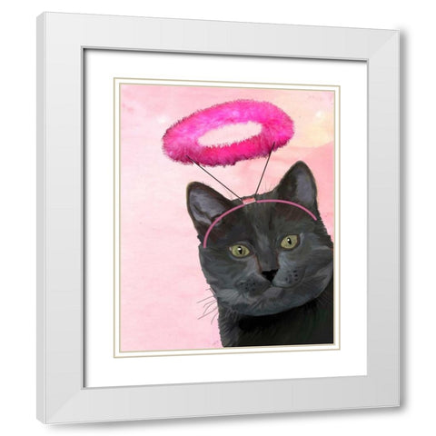 Black Cat With Pink Angel Halo White Modern Wood Framed Art Print with Double Matting by Fab Funky