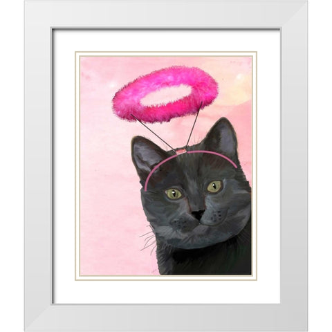 Black Cat With Pink Angel Halo White Modern Wood Framed Art Print with Double Matting by Fab Funky