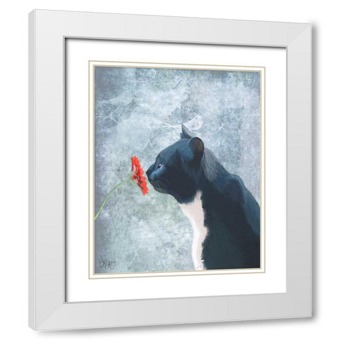 Black Cat Sniffing Flower White Modern Wood Framed Art Print with Double Matting by Fab Funky