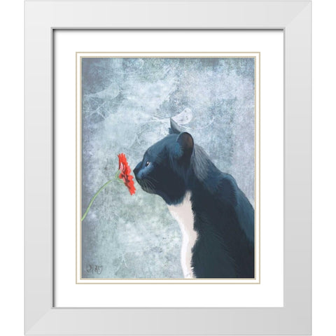Black Cat Sniffing Flower White Modern Wood Framed Art Print with Double Matting by Fab Funky
