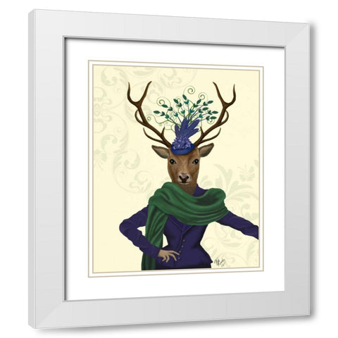 Deer and Fascinator White Modern Wood Framed Art Print with Double Matting by Fab Funky