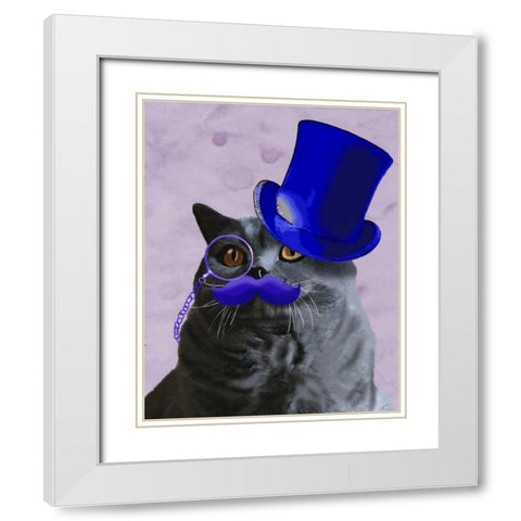 Grey Cat With Blue Top Hat and Moustache White Modern Wood Framed Art Print with Double Matting by Fab Funky