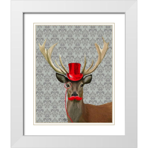 Deer With Red Hat and Moustache White Modern Wood Framed Art Print with Double Matting by Fab Funky