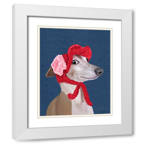 Greyhound with Red Woolly Hat White Modern Wood Framed Art Print with Double Matting by Fab Funky