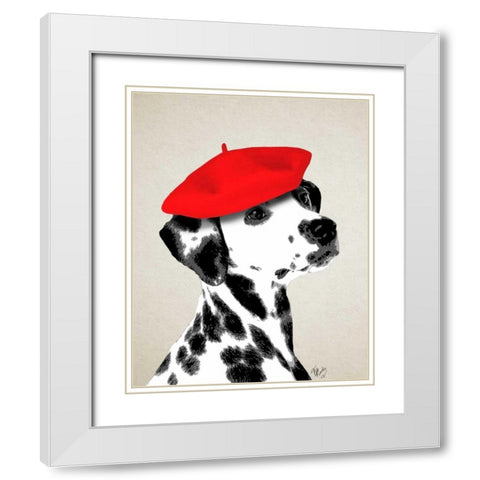 Dalmatian With Red Beret White Modern Wood Framed Art Print with Double Matting by Fab Funky
