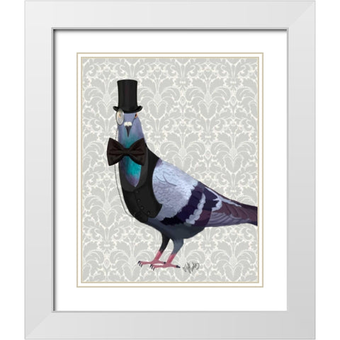 Pigeon in Waistcoat and Top Hat White Modern Wood Framed Art Print with Double Matting by Fab Funky