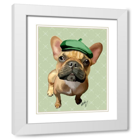 Brown French Bulldog with Green Hat White Modern Wood Framed Art Print with Double Matting by Fab Funky