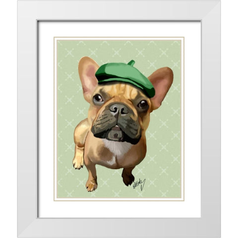 Brown French Bulldog with Green Hat White Modern Wood Framed Art Print with Double Matting by Fab Funky