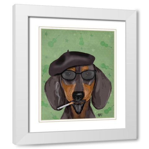 Hipster Dachshund White Modern Wood Framed Art Print with Double Matting by Fab Funky