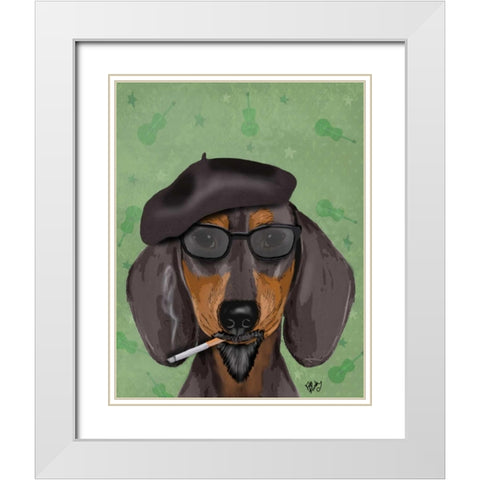 Hipster Dachshund White Modern Wood Framed Art Print with Double Matting by Fab Funky
