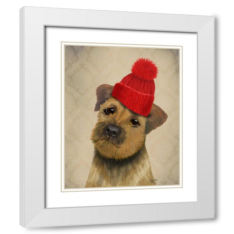 Border Terrier with Red Bobble Hat White Modern Wood Framed Art Print with Double Matting by Fab Funky