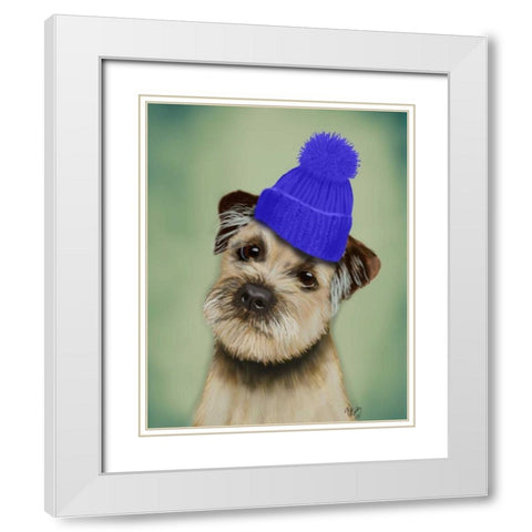 Border Terrier with Blue Bobble Hat White Modern Wood Framed Art Print with Double Matting by Fab Funky