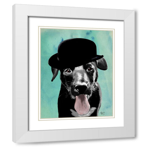 Black Labrador in Bowler Hat White Modern Wood Framed Art Print with Double Matting by Fab Funky