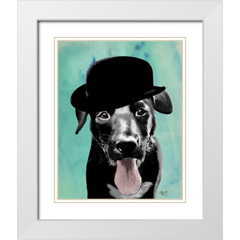 Black Labrador in Bowler Hat White Modern Wood Framed Art Print with Double Matting by Fab Funky