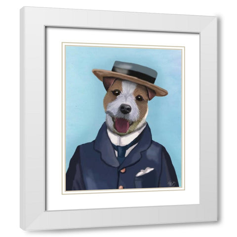 Jack Russell in Boater White Modern Wood Framed Art Print with Double Matting by Fab Funky