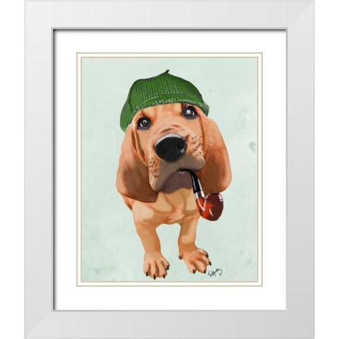 Bloodhound Sherlock Holmes White Modern Wood Framed Art Print with Double Matting by Fab Funky