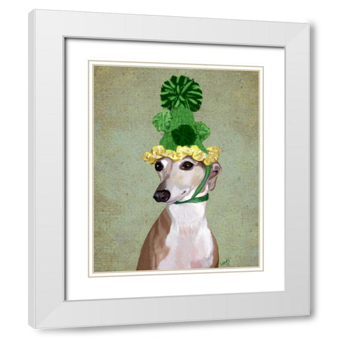 Greyhound in Green Knitted Hat White Modern Wood Framed Art Print with Double Matting by Fab Funky